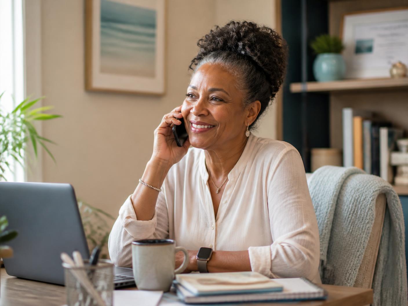 A woman at her home desk smiling with relief while talking on the phone.