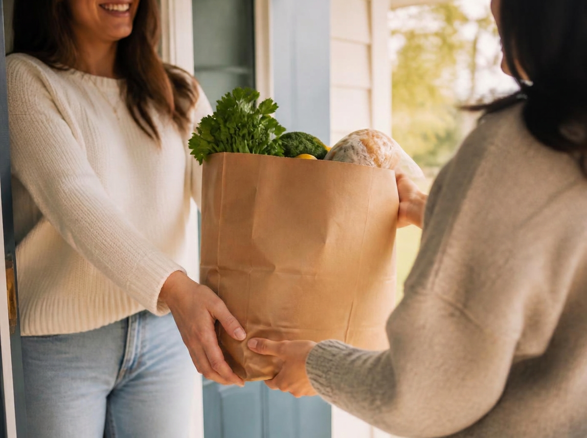A paper grocery bag filled with fresh produce being handed to a woman at her front door.