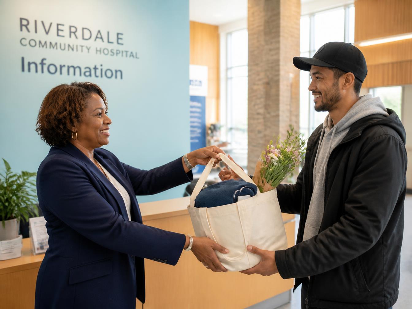 A concierge professional handing a cream tote bag of clothing, a charger, and flowers to a smiling adult at a hospital information desk.