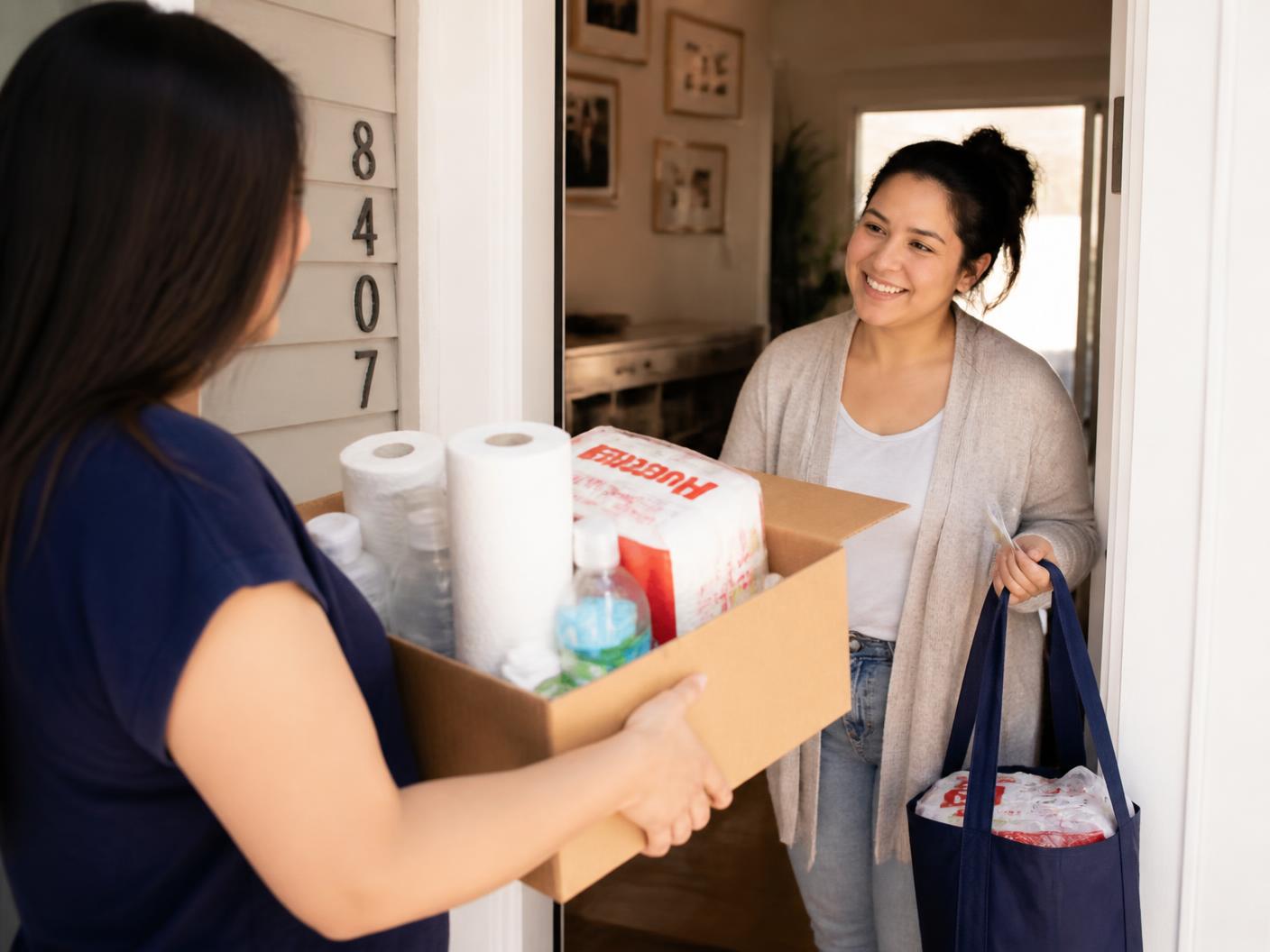 A young mother smiling as she receives a box of household supplies and baby essentials at her doorway.
