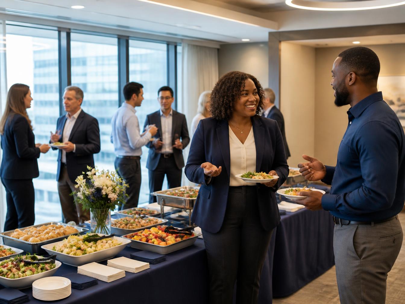 Diverse professionals talking in a bright conference room beside a neatly arranged catered buffet lunch.