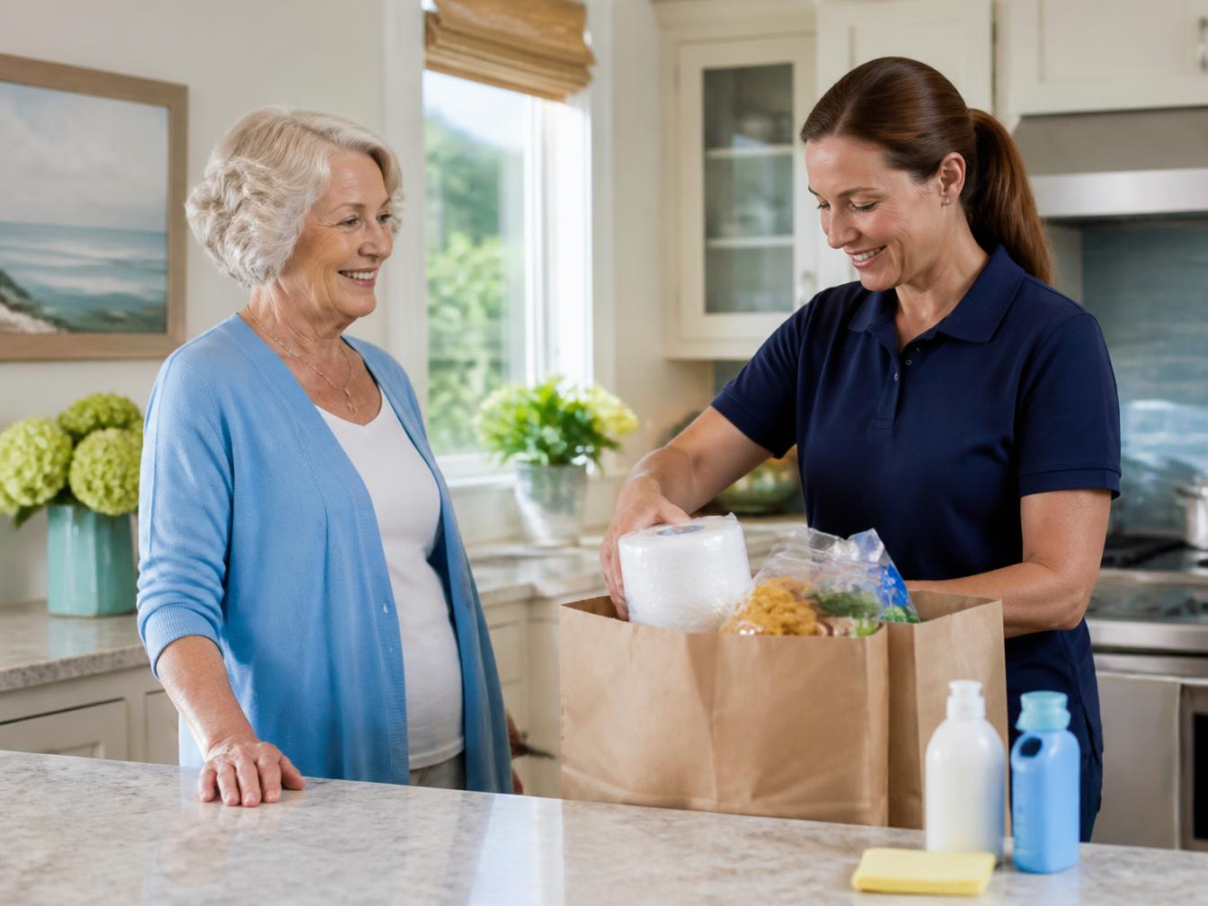 An independent older woman in her own sunlit kitchen while a helper sets grocery bags and household supplies on the counter.