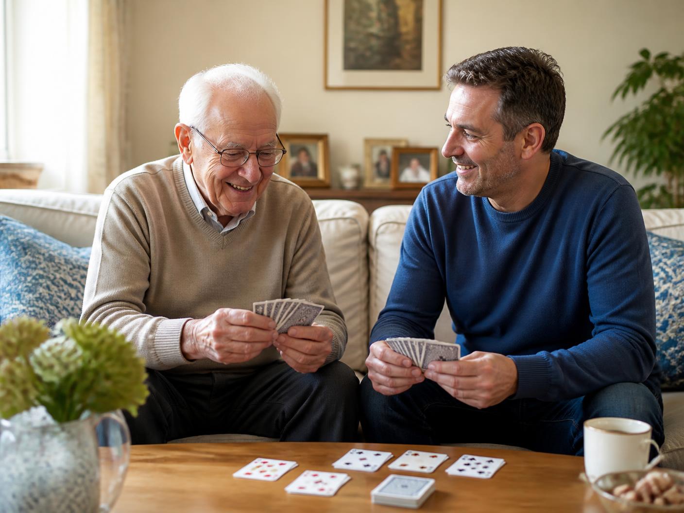 An independent older man and an adult companion sitting together on a sofa playing a friendly card game.