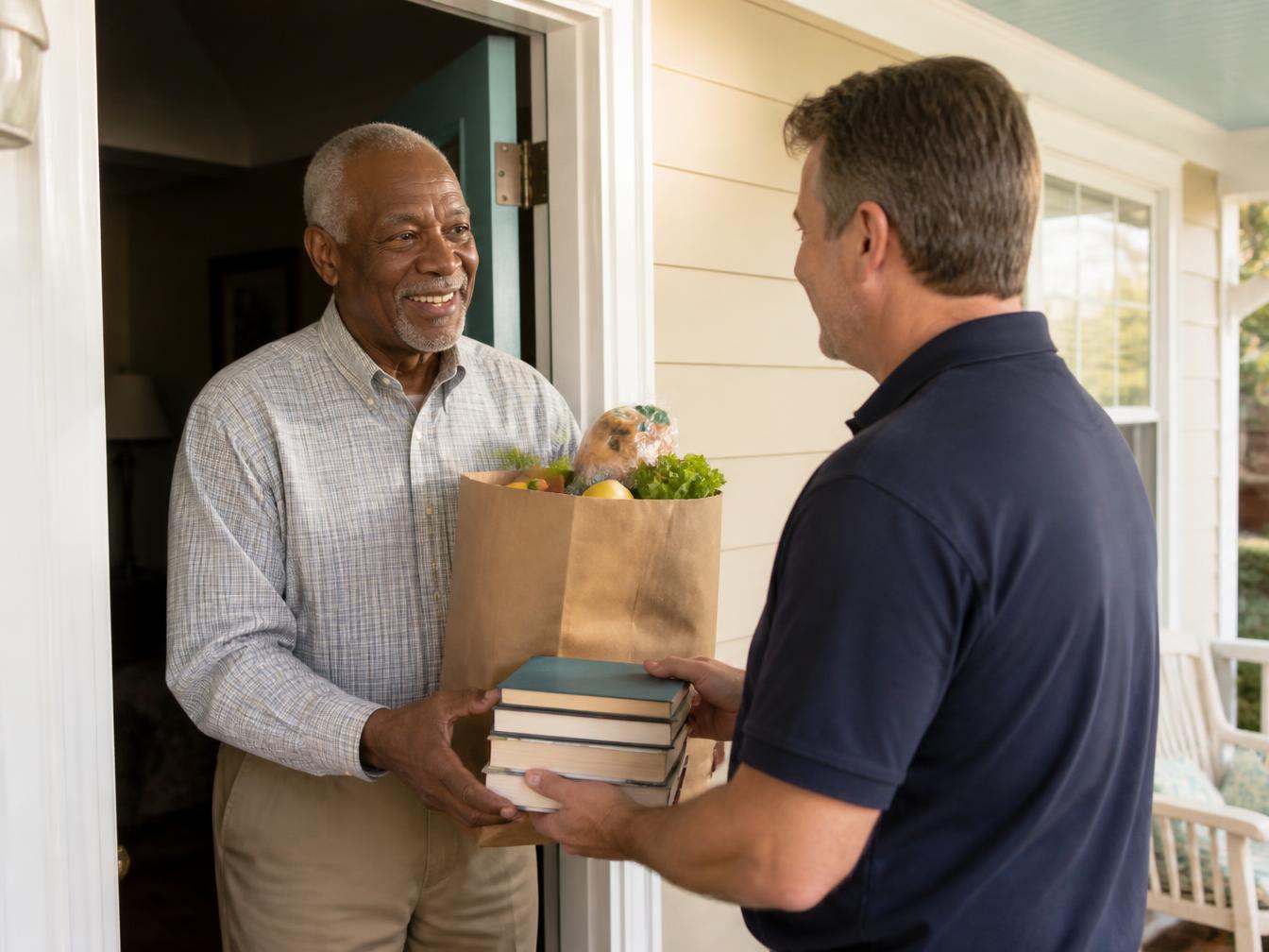 A smiling older Black man receiving a bag of groceries and a stack of library books at his front door.